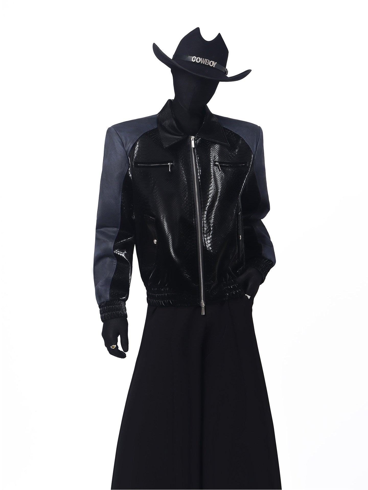 Crocodile Texture Contrast PU Leather Jacket WN23714