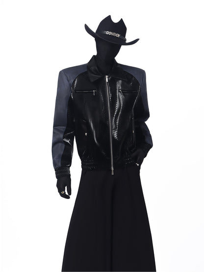 Crocodile Texture Contrast PU Leather Jacket WN23714