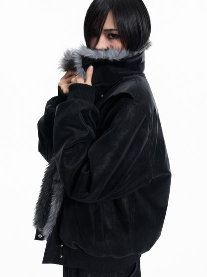 Fake Fur Patchwork Lapel PU Leather Jacket WN27325