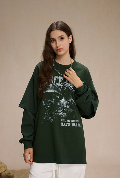 Fake Layered Print Oversize Round Neck Long Sleeve T-Shirt WN9995