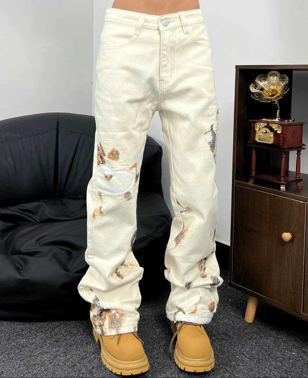 Flame Lace Straight Wide Leg Denim Jeans WN24104