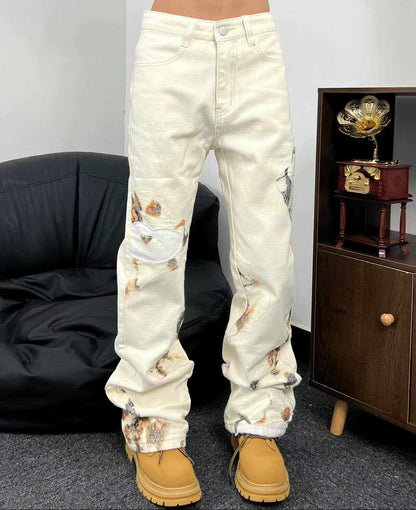 Flame Lace Straight Wide Leg Denim Jeans WN24104