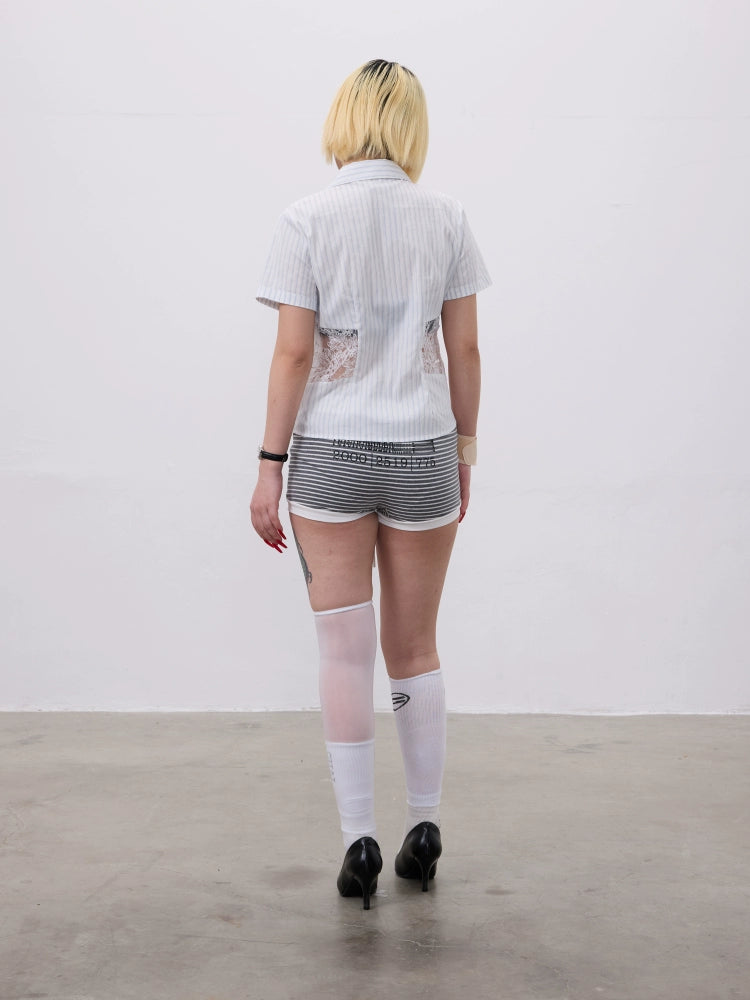 Lace Dagger Patchwork Print Short Sleeve Shirt WN19100