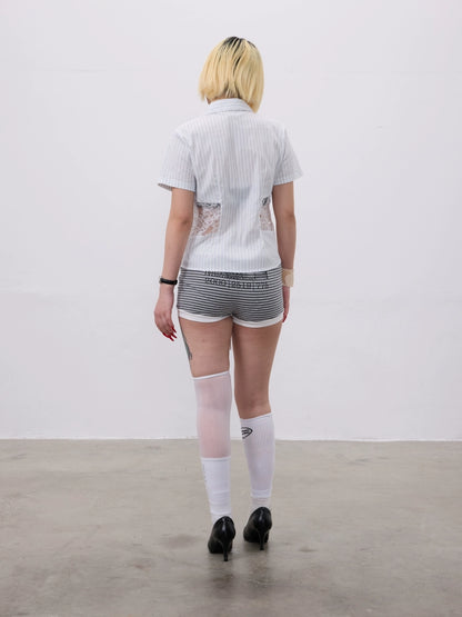 Lace Dagger Patchwork Print Short Sleeve Shirt WN19100