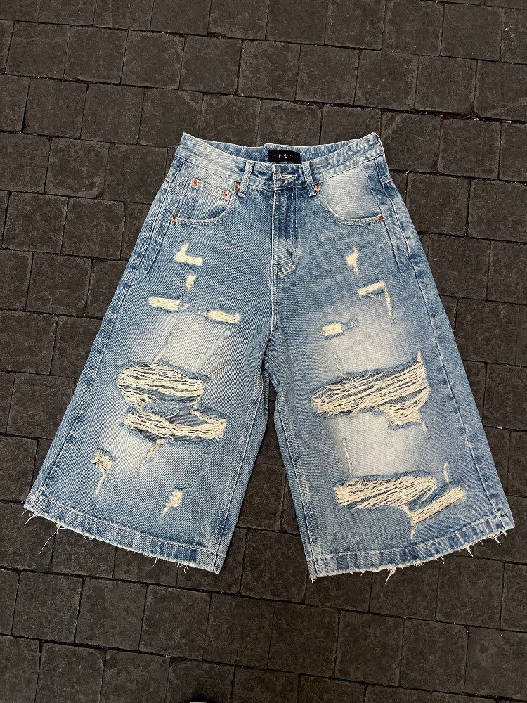 Damage Washed Wide Leg Denim Half Jeans WN24113