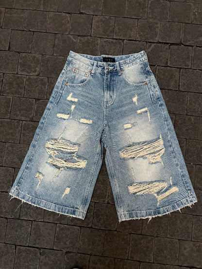 Damage Washed Wide Leg Denim Half Jeans WN24113