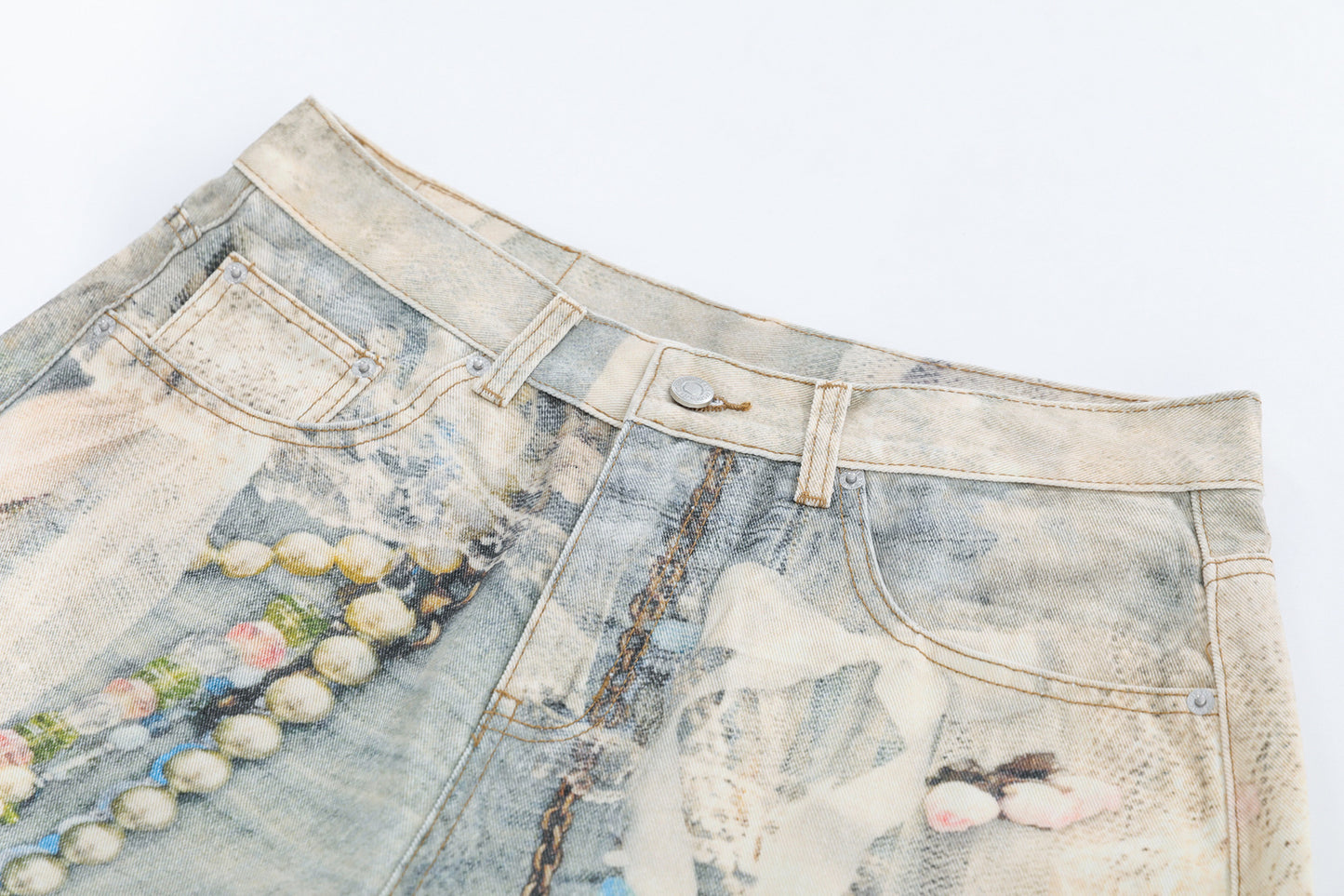 Pearl Chain Collage Print Denim Half Jeans WN25425