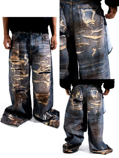 Washed Dirty Stain Damage Digital Print Denim Jeans WN19686