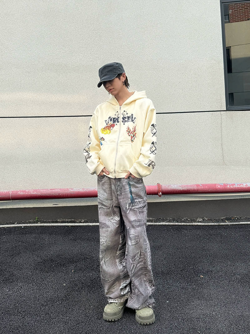 Heavy Graffiti Print Oversize Zipper Hoodie WN21155