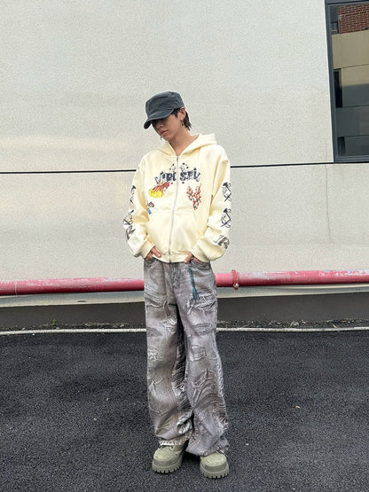 Heavy Graffiti Print Oversize Zipper Hoodie WN21155