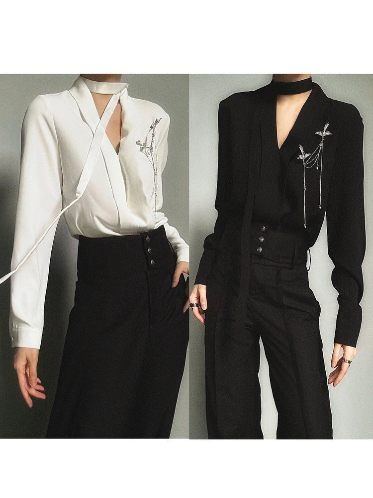 V-Neck Tie Drape Long Sleeve Shirt WN23130