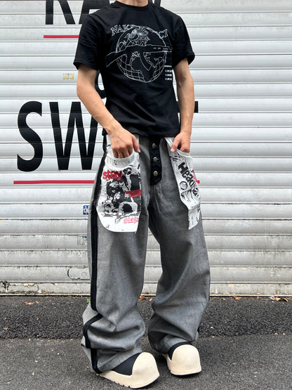 Print Contrast Panel Button Fly Wide Leg Denim Jeans WN24038