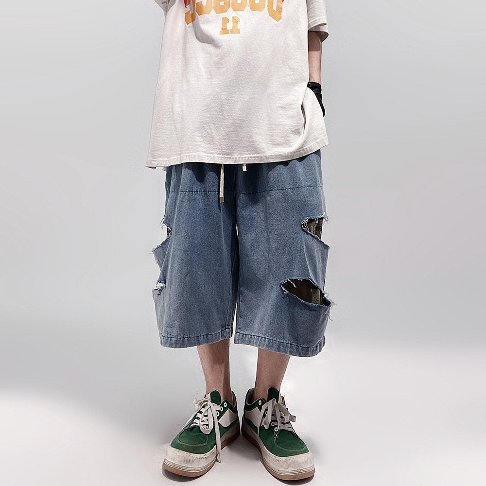 Damage Wide Leg Denim Half Jeans WN24013