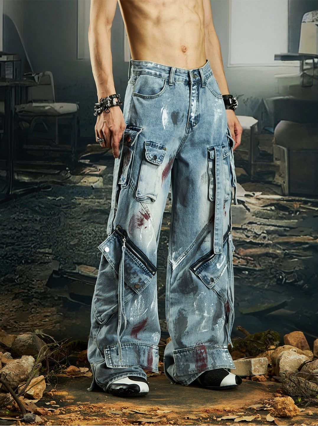 Multi-Pocket Ribbon Deconstruction Graffiti Wide Leg Cargo Denim Jeans WN20553