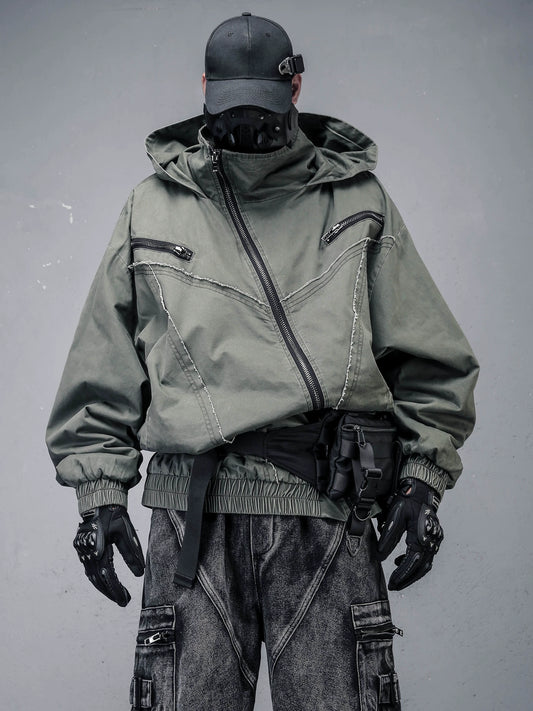 Wash Damage Raw Edge High-Neck Hooded Jacket WN22331