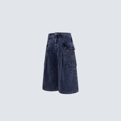 Denim Paint Splatter Multi-Pocket Wide Leg Half Pants WN27938