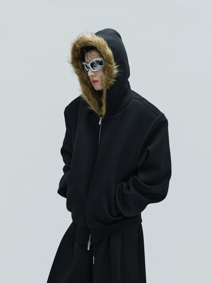Fur Collar Zipper Hoodie & Sweatpants Setup WN21744