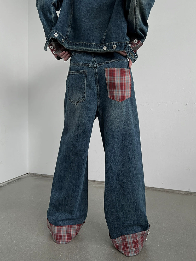 Washed Plaid Patchwork Cuffed Wide-Leg Denim Jeans WN10781