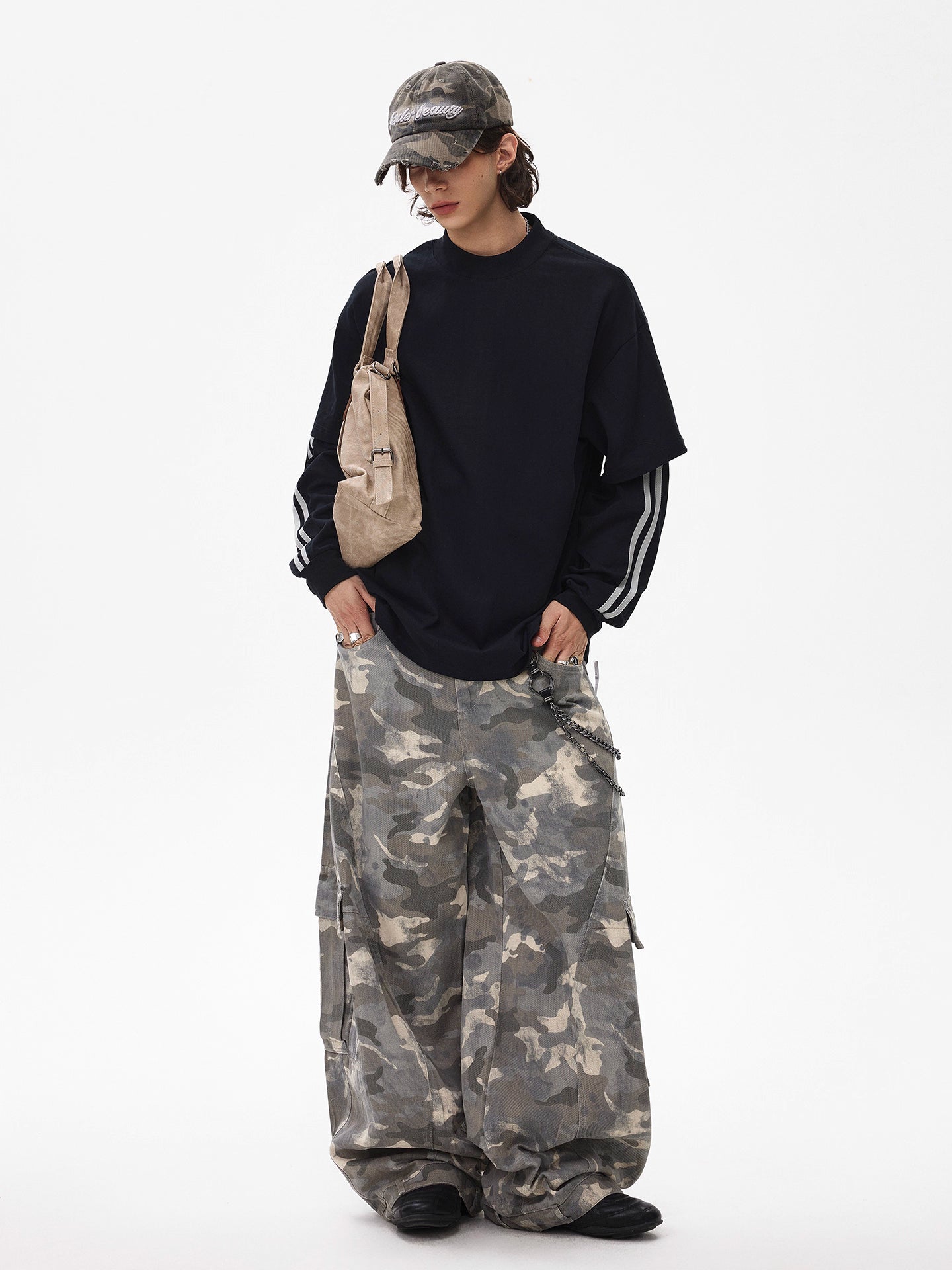 Stripe Fake Layered Oversize Long Sleeve T-Shirt WN21443