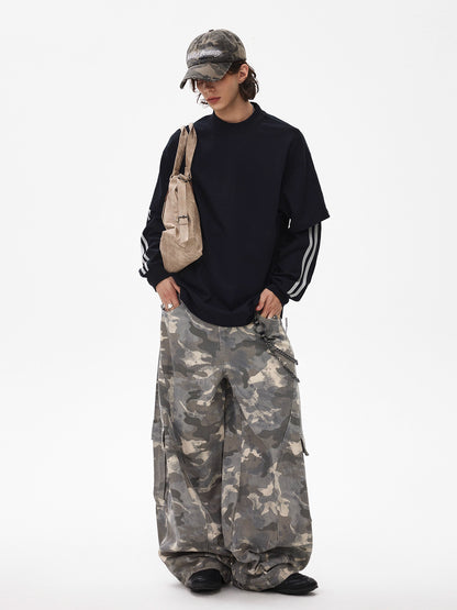 Stripe Fake Layered Oversize Long Sleeve T-Shirt WN21443