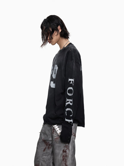 Hole Washed Stain Button-Cuff Long Sleeve T-Shirt WN27302
