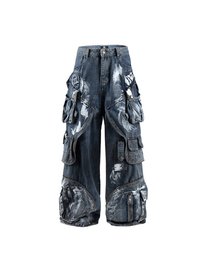 Deconstructed Layered Dirty Wash Wide Leg Cargo Denim Jeans WN24203