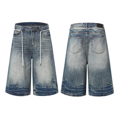 Washed Lightning Drawstring Denim Half Pants WN25850