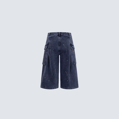 Denim Paint Splatter Multi-Pocket Wide Leg Half Pants WN27938