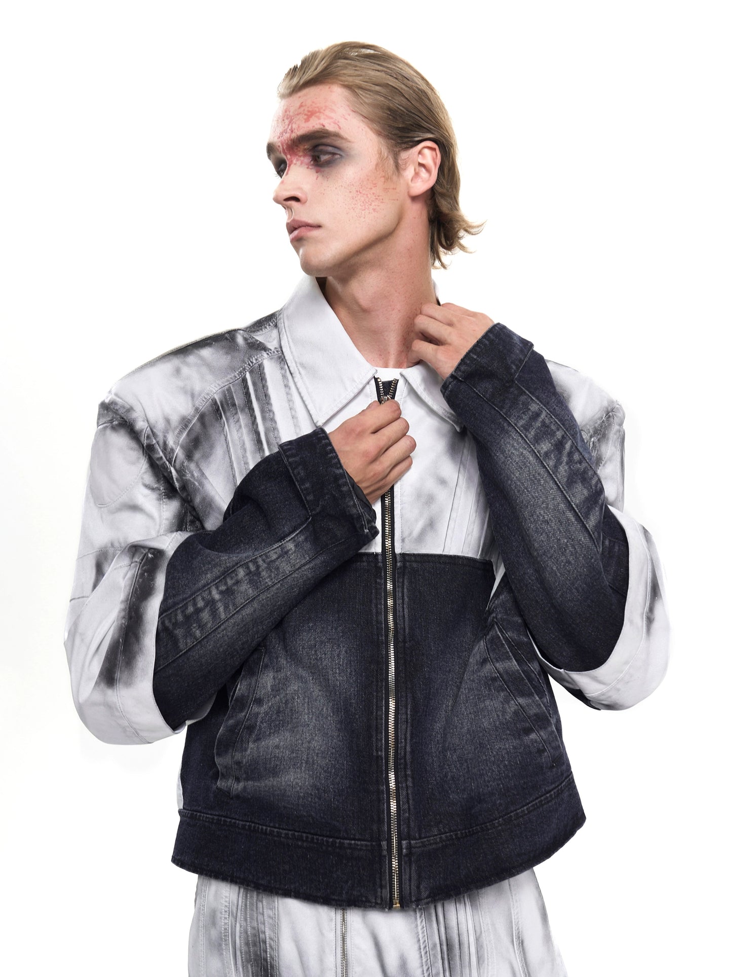 PU Leather Mix Paint Short Denim Jacket & PU Leather Mix Denim Jeans Setup WN20378