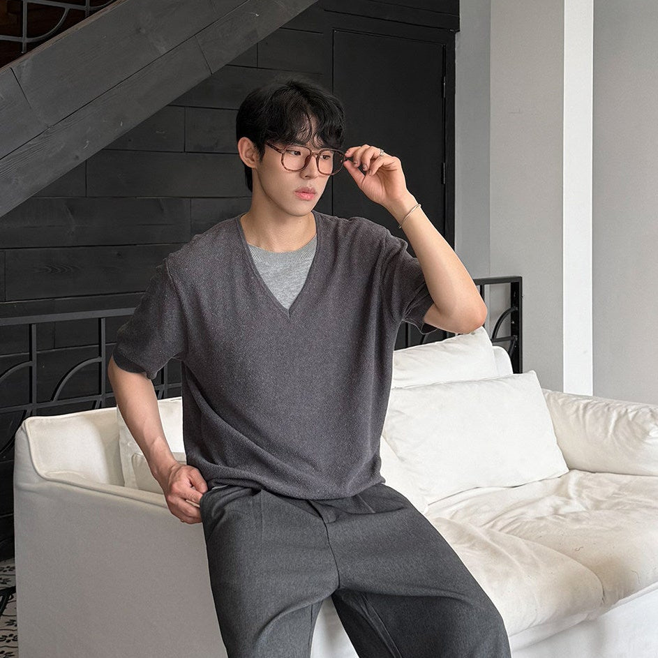 Fake Layered V-Neck Short Sleeve Summer Knit Sweater WN25035