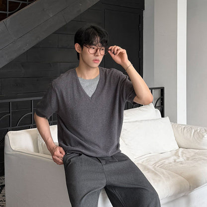 Fake Layered V-Neck Short Sleeve Summer Knit Sweater WN25035