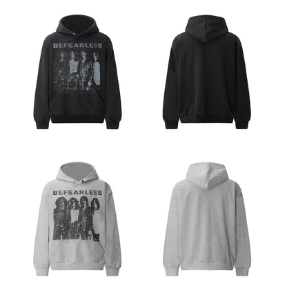 Washed Rock Band Print Boxy Pullover Hoodie WN26386