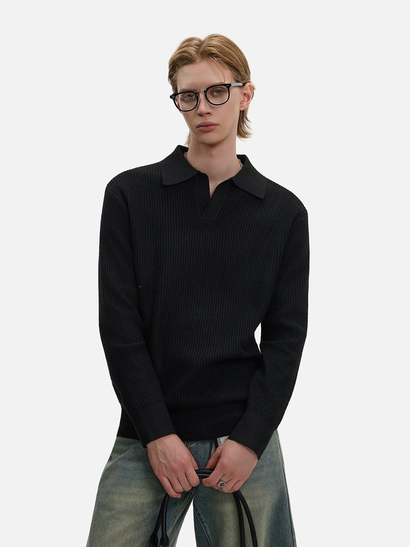 Waffle Texture Polo-Collar Knit Sweater WN21429