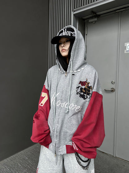Damage Number Print Embroidery Oversize Zipper Hoodie WN24180