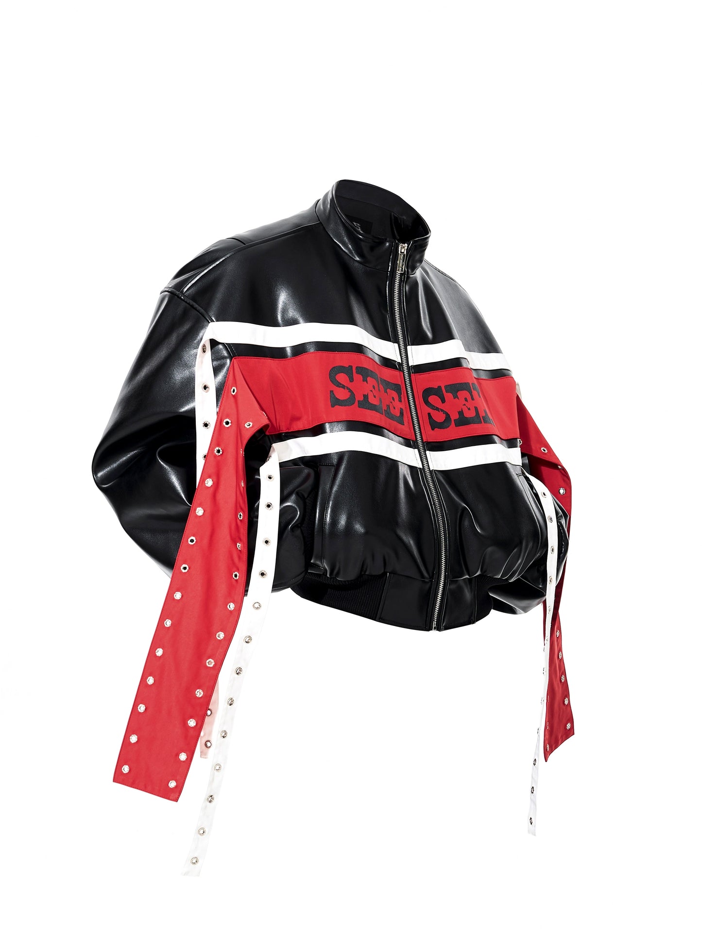 Contrast Ribbon Stand Neck PU Leather Jacket & Contrast PU Leather Flare Pants Setup WN22646