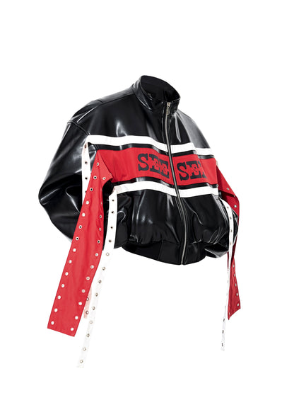 Contrast Ribbon Stand Neck PU Leather Jacket & Contrast PU Leather Flare Pants Setup WN22646