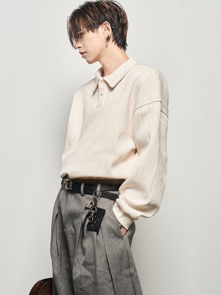 Polo Collar Wheat Jacquard Oversize Long Sleeve T-Shirt WN22939