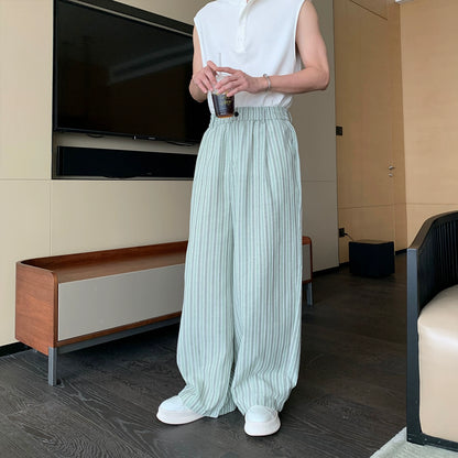 Striped Cotton Elastic Waist Wide Leg Straight Pants WN20442