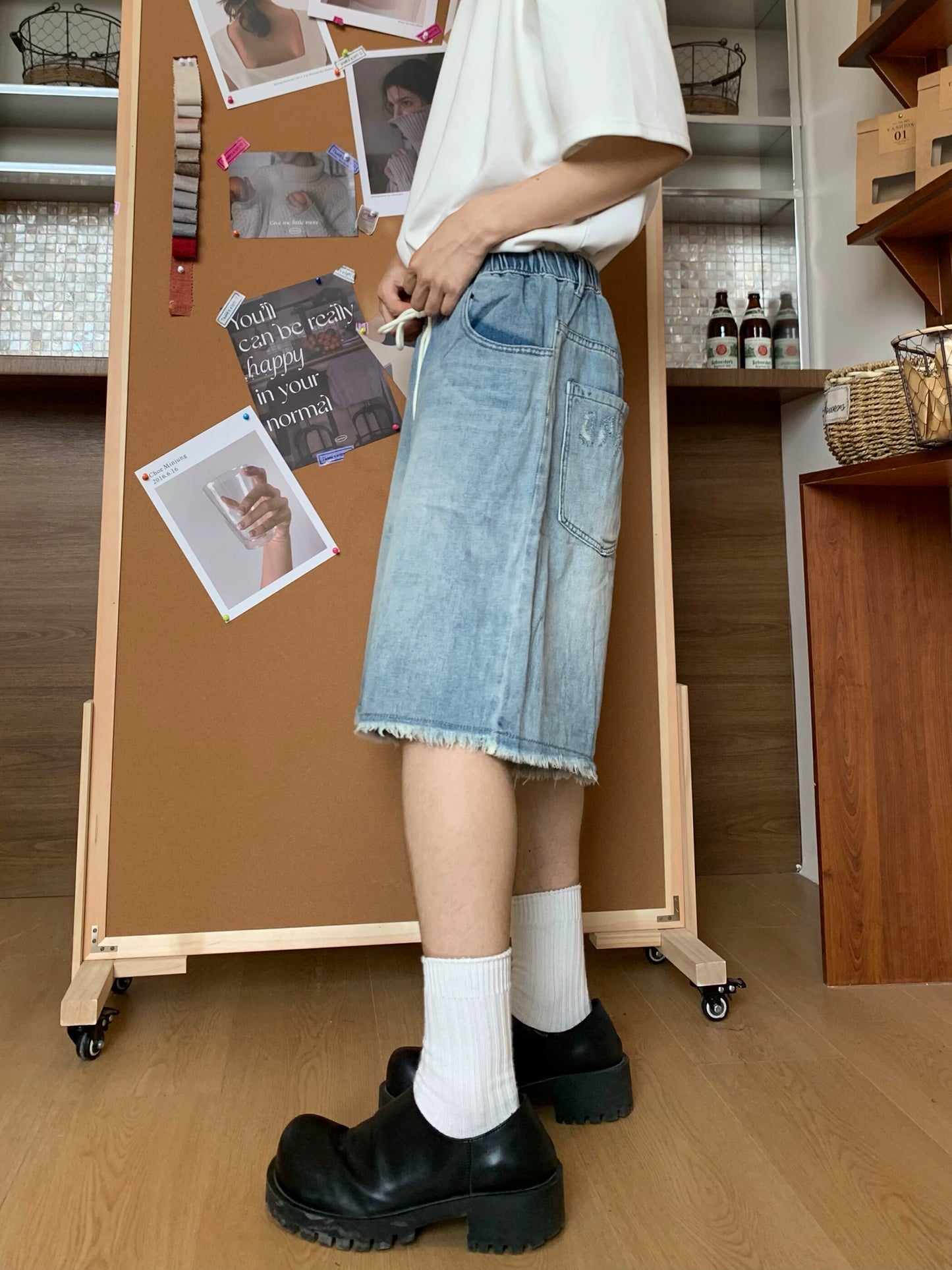 Washed Drawstring Denim Half Jeans WN19917