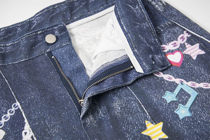 3D Chain Print Curved Leg Cropped Denim Pants WN26838
