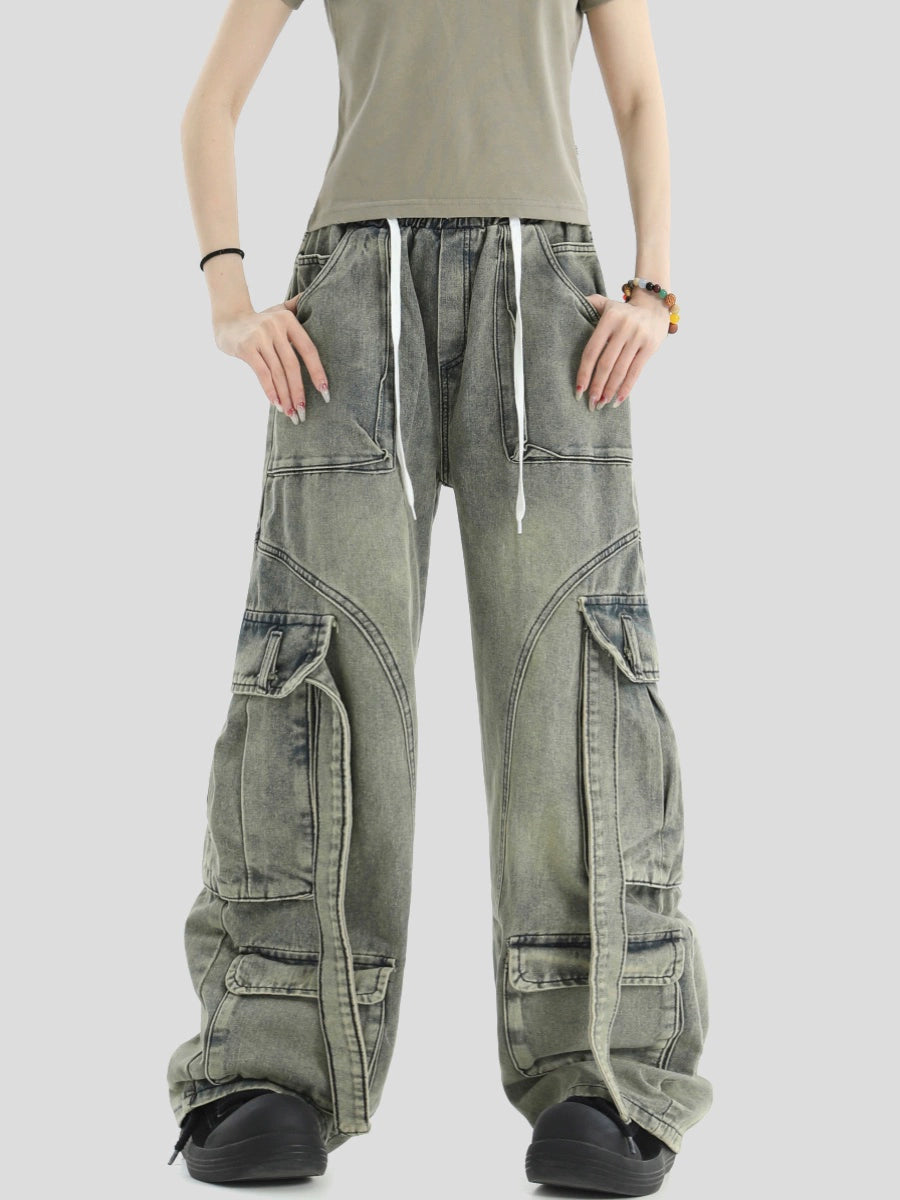 Multi Pocket Washed Wide-Leg Straight Cargo Denim Jeans WN7217