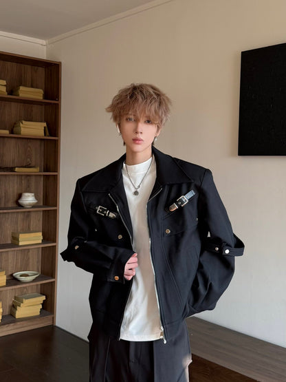 Structured Shoulder Metal Buckle Zip-Up Jacket WN23196