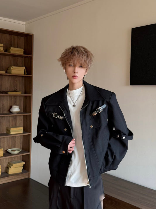 Structured Shoulder Metal Buckle Zip-Up Jacket WN23196