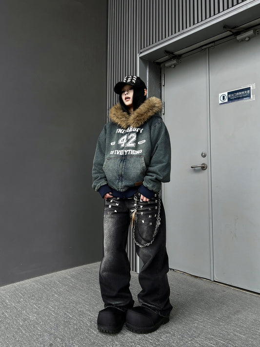 Square Stud Whisker Wash Wide Leg Denim Jeans WN24234