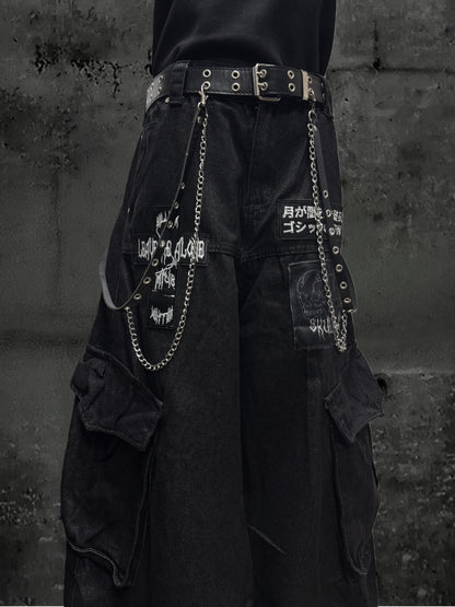 Patch Logo Cargo Wide Leg Denim Jeans & Skull Belt & Belt Chain WN23800