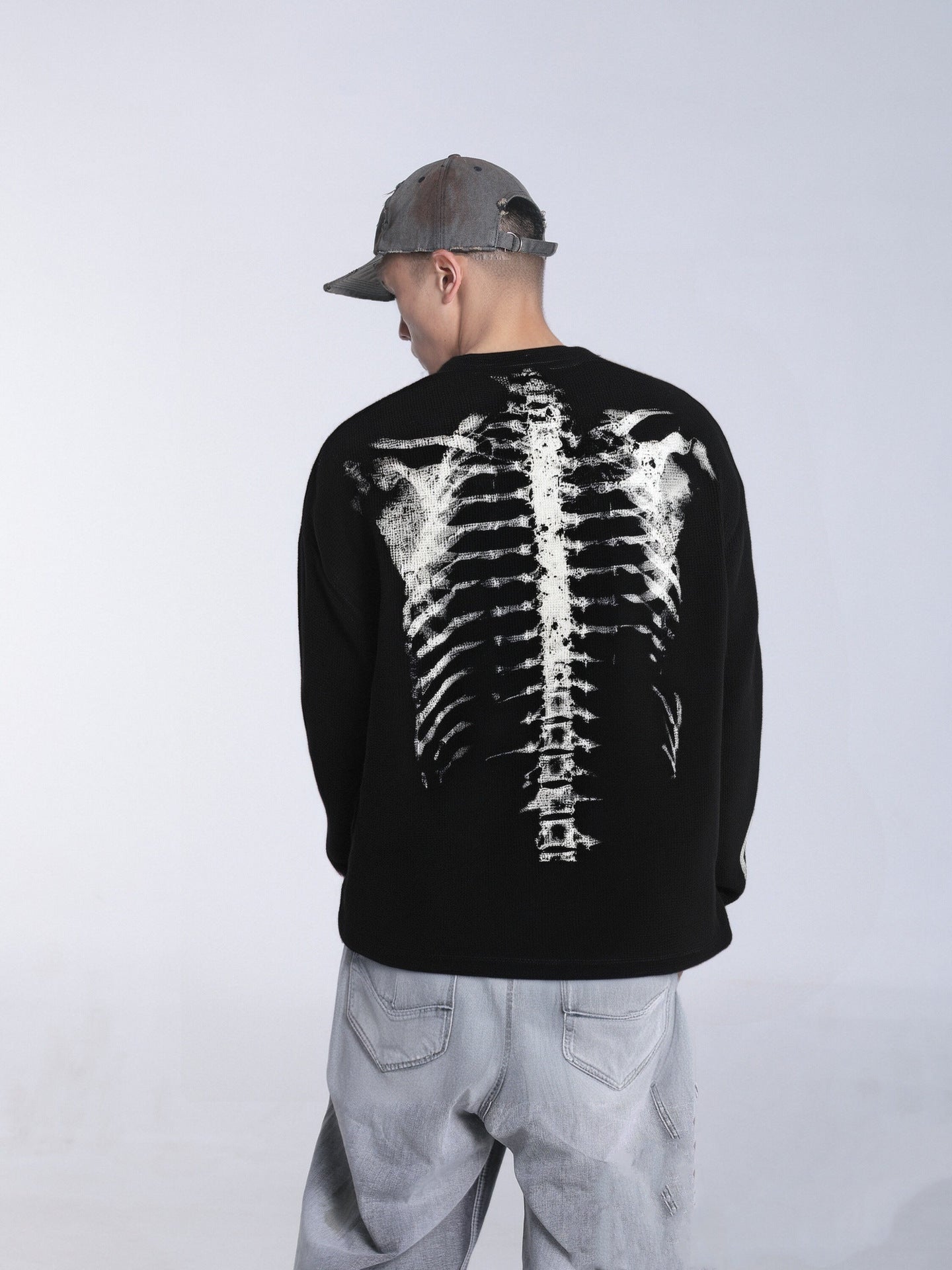 Skeleton Print Waffle Long Sleeve T-Shirt WN25476