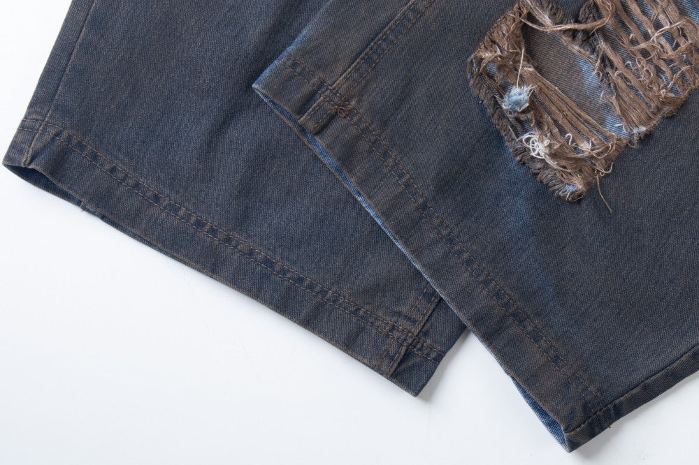 Damage Cargo Pocket Drawstring Wide Leg Denim Jeans WN27995