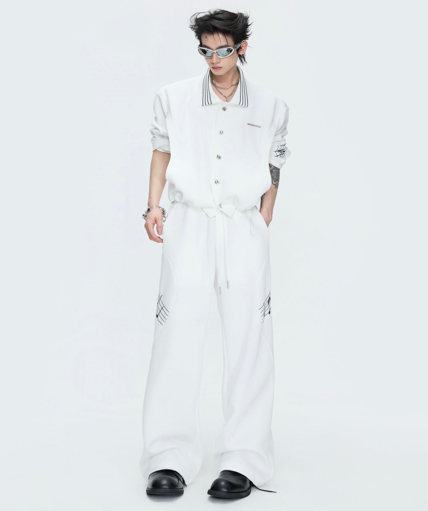 Musical Note Embroidery Boxy Lapel Jacket & Drawstring Wide Leg Pants Setup WN26979