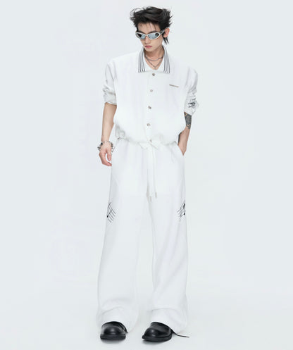 Musical Note Embroidery Boxy Lapel Jacket & Drawstring Wide Leg Pants Setup WN26979