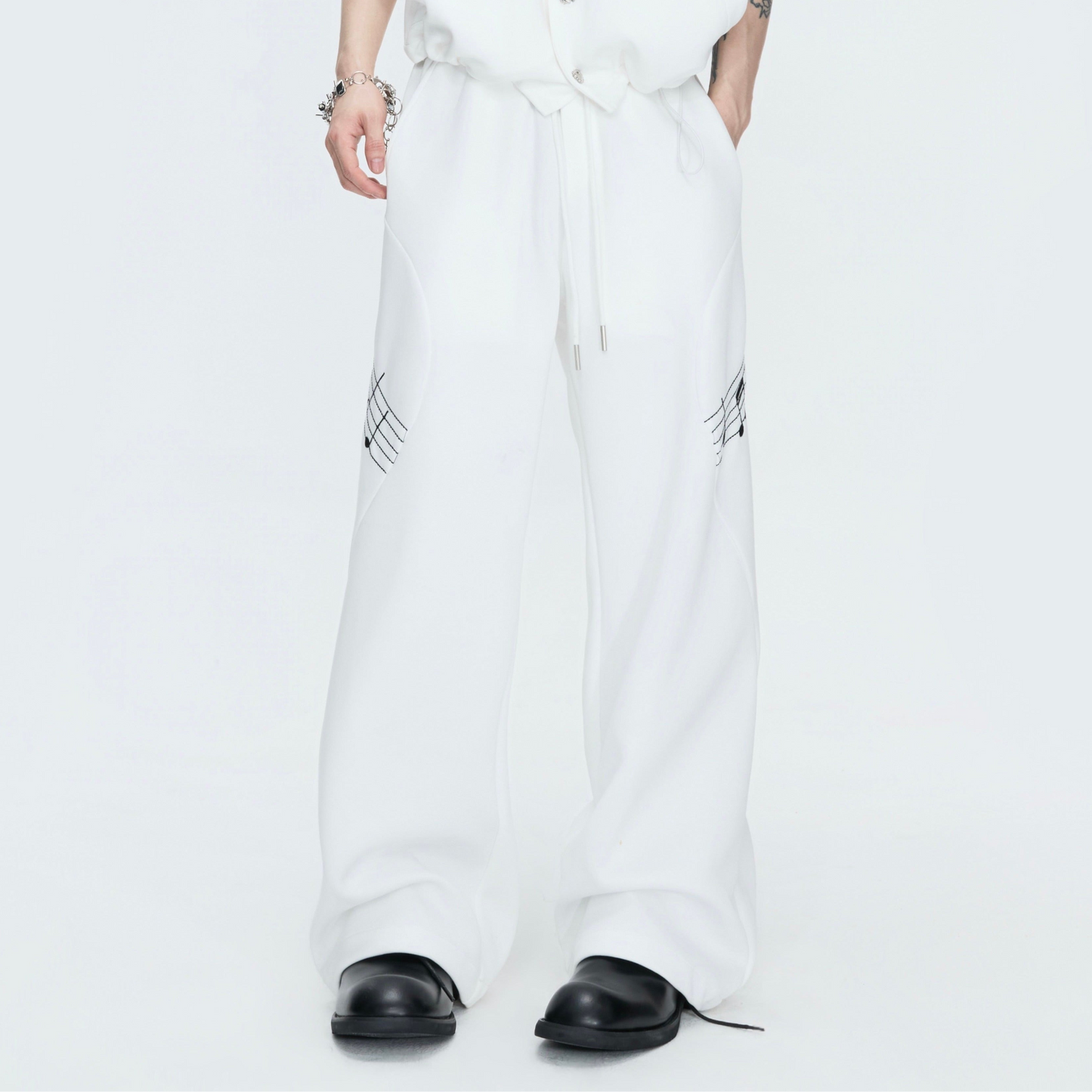 Musical Note Embroidery Boxy Lapel Jacket & Drawstring Wide Leg Pants Setup WN26979